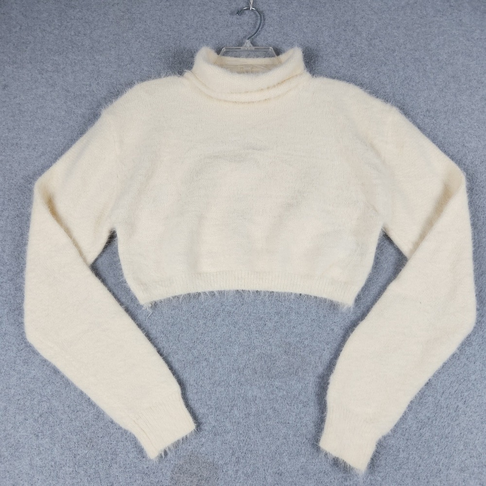 Finesse Cropped Sweater Womens XS/S Cream Fuzzy Eyelash Knit Turtleneck Pullover